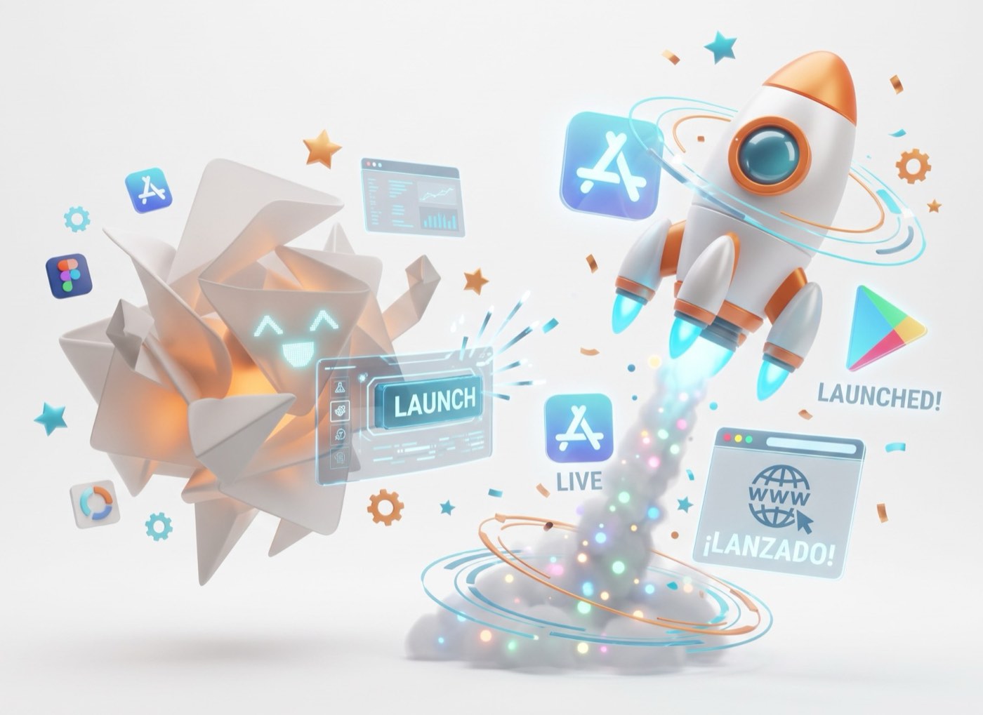 Ori, la mascota de fold., presiona «Launch» y un cohete despega rumbo a App Store y Google Play.