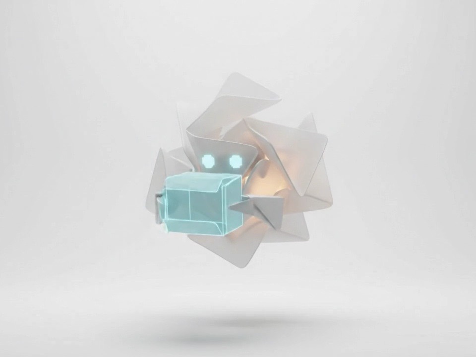 Ori, la mascota de fold., sostiene una caja de cristal: un producto que se configura antes de cotizarse.