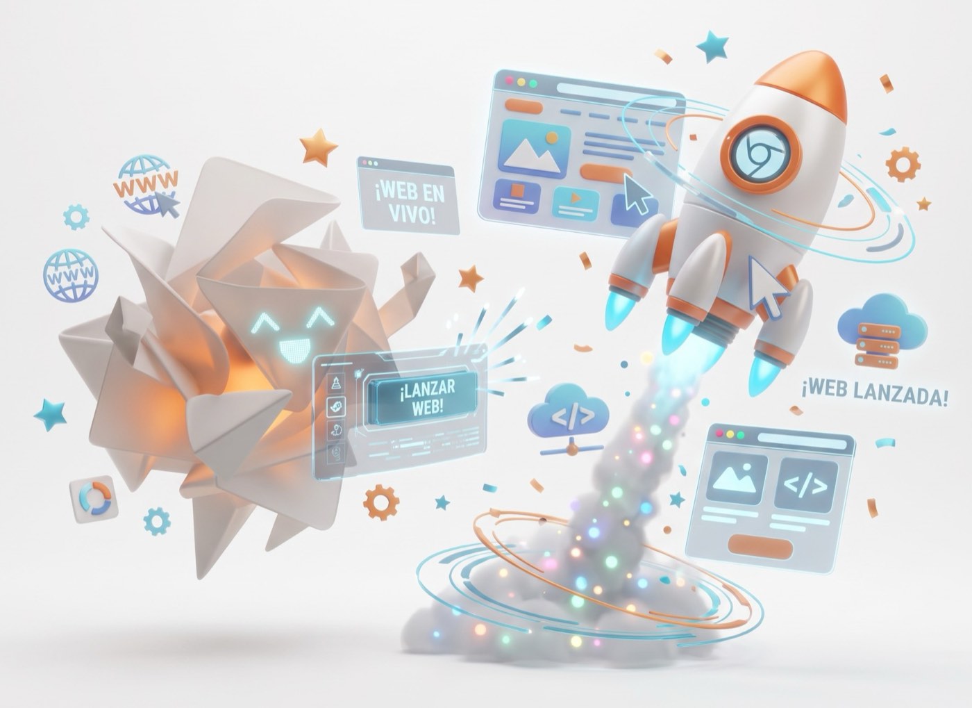 Ori, la mascota de fold., lanza un sitio web: un cohete despega entre ventanas de navegador.